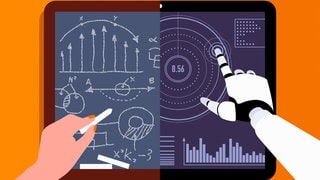 Geteilter Bildschirm mit manueller Tafel links und KI rechts: Künstliche Intelligenz kann Aufgaben auf Schul- und Hochschulniveau lösen und hat sogar einen mathematischen Beweis geführt, an dem sichWissenschaftler die Zähne ausgebissen haben.