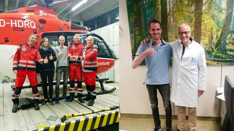Diesen Menschen verdankt Alex sein Leben: Die Crew der Luftrettung (links) und Prof. Christian Knop (rechts). In einer 12-stündigen Operation ist Alex im Krankenhaus regelrecht "wieder zusammengesetzt" worden. SWR1 Neuanfang: Alex überlebt den Absturz mit dem Segelflieger – die Sehnsucht nach Höhe und Weite bleibt