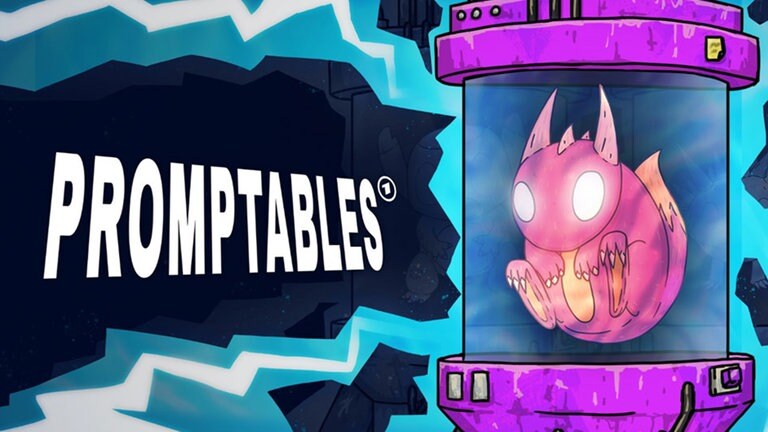 Keyvisual zu "Promptables - Das KI-Duell" zeigt eine pinkfarbene Kreatur in einer durchsichtigen Röhre, davor der Schriftzug Promptables