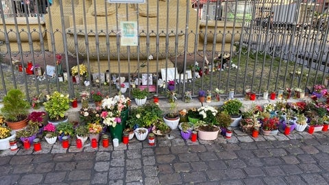 Blumen und Kerzen vor Brunnen am Mannheimer Marktplatz