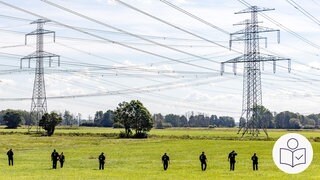 Polizisten laufen unter Strom·leitungen. Sie durchsuchen das Gebiet. Es hat mehrere Angriffe auf das Strom·netz in Deutschland gegeben. Rechts das SWR Logo für Leichte Sprache. 