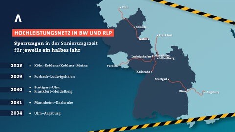 Grafik: Diese Bahn-Strecken in BW und RLP sollen in den kommenden Jahren modernisiert werden