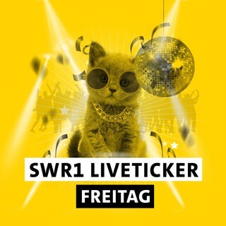 SWR1 Hitparaden-Kätzchen mit Discokugel, Sonnebrille, tanzenden Menschen und dem Schriftzug "SWR1 Liveticker Freitag"