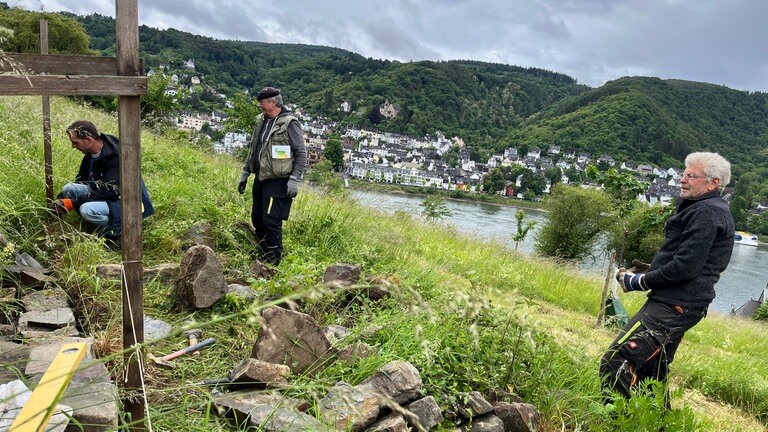 Nico Melchior, Heiner Brodt und Günther Werner arbeiten an einer Trockenmauer in Filsen im Oberen Mittelrheintal