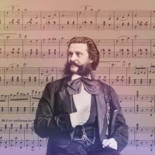 Johann Strauss, österreichischer Komponist und Geiger, 1879, digital bearbeitet (Hintergrund: Notenblatt aus Die blaue Donau).