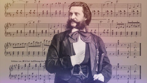 Johann Strauss, österreichischer Komponist und Geiger, 1879, digital bearbeitet (Hintergrund: Notenblatt aus Die blaue Donau).