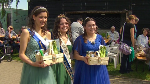 Drei junge Frauen: Emilia, amtierende Schwetzinger Spargelkönigin, Franziska, Spargelkönigin von Schrobenhausen und Marlen, zukünftige Schwetzinger Spargelprinzessin. Alle tragen schicke Kleider und Emilia und Marlen halten Körbe in den Händen, in denen Spargel ist.  