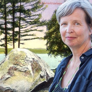 Scharmützelsee  Am Stein (Postkarte 1914), Autorin Jenny Erpenbeck (Collage): In "Heimsuchung" (2007) erzählt Jenny Erpenbeck von einem Haus am brandenburgischen Scharmützelsee. 