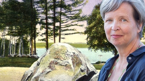 Scharmützelsee  Am Stein (Postkarte 1914), Autorin Jenny Erpenbeck (Collage): In "Heimsuchung" (2007) erzählt Jenny Erpenbeck von einem Haus am brandenburgischen Scharmützelsee. 