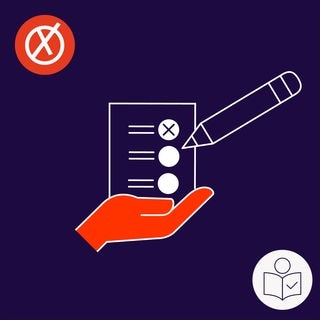 Eine Hand hält einen Stimm·zettel. Das ist ein Symbol für die Hilfe beim Wählen. Rechts das SWR Logo für Leichte Sprache.