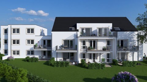 Eine Computergrafik zeigt, wie die Gebäude von der Gartenseite her eines Tages aussehen sollen. Die Firma erbe Elektromedizin baut in Rangendingen 14 Wohungen für Fachkräfte und deren Familien.