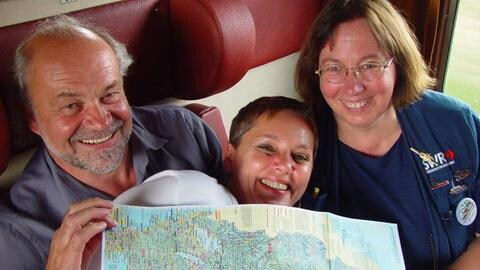 Das Eisenbahn-Romantik-Team: Hagen v. Ortloff, Susanne Mayer und Ione Q. Scheuble