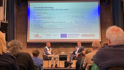 Als Experte zur US-Präsenz war Mirko Kruppa (rechts), Referatsleiter für Inlandskommunikation und Bürgerdialog im Auswärtigen Amt, zu Gast. Die Moderation übernahm David Sirakov (links), der Direktor der Atlantischen Akademie Rheinland-Pfalz.