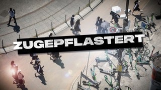 Key Visual der ARD-Story "Zugepflastert", darunter die Stadt frankfurt von oben