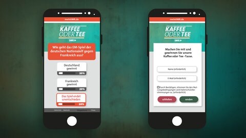 Beispielsweise per Smartphone sollen die Menschen künftig live zu Themen und Fragen abstimmen können. Zu sehen sind zwei Smartphone-Bildschirme mit Umfragen, an denen sich die Zuschauer:innen live beteiligen können. 