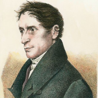 Joseph von Eichendorff, Kreidelithographie (Ausschnitt) von Wilhelm Devrient nach dem Gemälde, 1832, von Franz Kugler (1808-1858). Spätere Kolorierung.