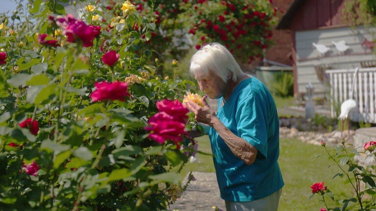 Weitersbach Dorfstrasse Frau riecht an Rosen