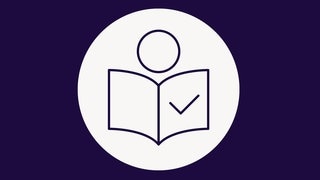 Das SWR Logo für Leichte Sprache. Eine Zeichnung zeigt einen weißen Kreis und eine Figur mit einem Buch oder einer Zeitung. Auf dem Buch oder der Zeitung ist ein Haken für ok.  