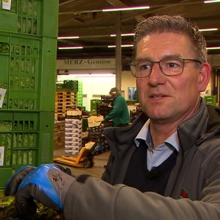 Gemüsebauer Markus Fischer steht in einer Lagerhalle. Links von ihm stehen mehrere grüne Kisten mit Salatblättern. Markus Fischer trägt Handschuhe.