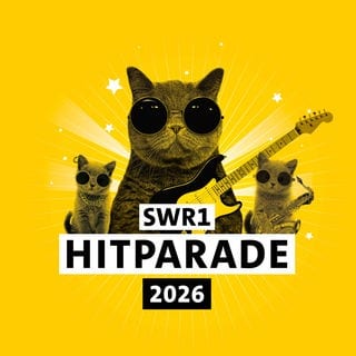 Die Katze der SWR1 Hitparade 2026 in Baden-Württemberg mit Sonnenbrille zusammen mit zwei süßen Kätzchen 