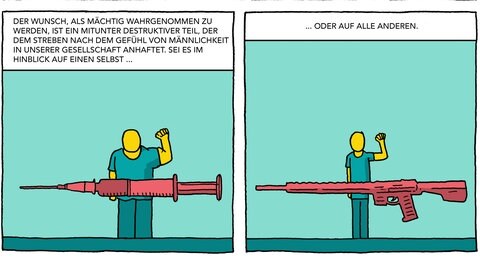 Der Wunsch nach Macht und Kontraolle Beispielseite: „Strong Men. Die zerstörerische Kraft fragiler Männlichkeit“ – Sachcomic zeigt Meikel Mathias