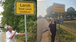 Collage aus zwei Fotos, auf denen jeweils eine Person neben einem Ortseingangsschild steht: Unbekannte hatten die Ortsschilder getauscht