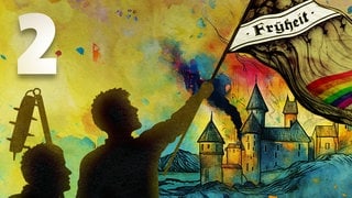 Episodencover "Das war der Bauernkrieg": Ein Mann schwenkt eine Fahne mit der Aufschrift "Frÿheit", im Hintergrund eine rauchende Burg (Grafik)