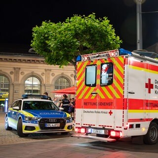 Polizei und Rettungswagen stehen nach dem blutigen Messerstreit vor dem Hauptbahnhof in Mainz.