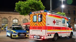 Polizei und Rettungswagen stehen nach dem blutigen Messerstreit vor dem Hauptbahnhof in Mainz.