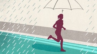 Eine Frau rennt durch den Regen, über ihr ein gedachter Schirm (Illustration): Rennen oder gehen – wie wird man bei Regen weniger nass?
