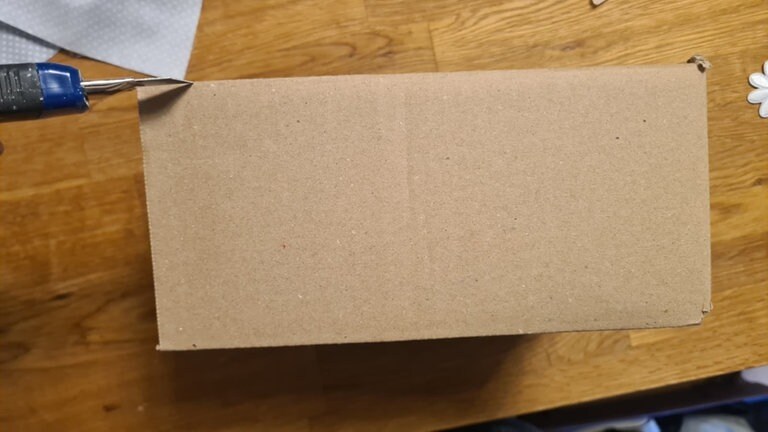 Von einem stabilen Karton und alle losen oder überstehenden Laschen entfernen, indem sie mit der Schere oder dem Cuttermesser abgeschnitten werden.