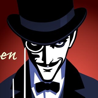 Grafische Illustration eines Porträts in Zentralperspektive von einem diebisch lächelnden Arsène Lupin mit Monokel und im Smoking der unter seinem Zylinder nach oben blickt.