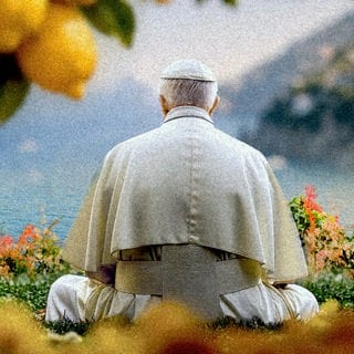 Ein Papst sitzt in weißer Soutane auf einem Rasen, dem Betrachter den Rücken zugewandt, umringt von Blumen und Zitronen und blickt in Richtung Meer und Amalfiküste.
