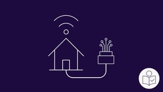 Zeichnung: Ein Glas·faser-Kabel führt zu einem Haus. Das Haus hat dann Internet. Rechts das SWR Logo für Leichte Sprache.