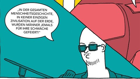 Beispielseite: „Strong Men. Die zerstörerische Kraft fragiler Männlichkeit“ – Sachcomic zeigt Meikel Mathias