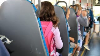 Schulkinder sitzen in einem Bus. (Symbolbild) Bei einem Schulbus in Bad Münster am Stein-Ebernburg sind vier Kinder verletzt worden. 