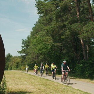Fahrradfahrer fahren auf einem Radweg. Links im Bild ist eine Kunstskulptur zu sehen.