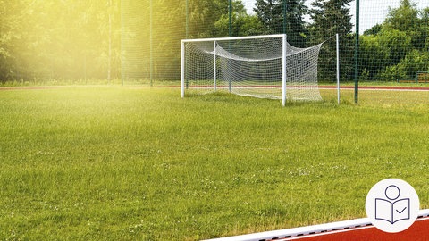 Ein Fußball·tor auf einem Rasen·platz. Hinter dem Tor sind Bäume. Um den Fußball·platz verläuft eine Tartan·bahn. Viele Spiele am Wochenende sind abgesagt. Der Grund ist das heiße Wetter. Rechts das SWR Logo für Leichte Sprache.