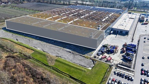 Entwurfsskizze des geplanten Werks von Rolls-Royce Power Systems in Friedrichshafen. Der Motorenhersteller möchte ein neues Werk in der Stadt bauen und viele neue Mitarbeiter einstellen.