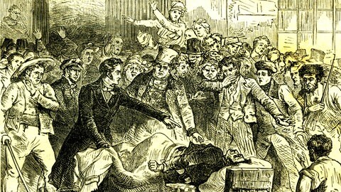 Cholera-Epidemie im Jahr 1832, historische Illustration: Krankheiten wie Pocken, Grippe, Masern und Cholera haben die indianische Urbevölkerung dezimiert, als europäische Einwanderer sie nach Amerika brachten.