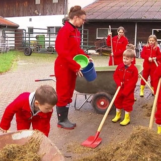 Kinder mit Erzieherin auf dem Bauernhof
