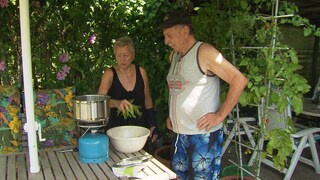 Ein Paar steht inmitten seines grünen Kleingartens, umgeben von Beeten und Sommerpflanzen, und freut sich über die Ernte.