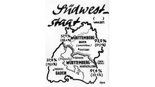 Die Mehrheit der Bevölkerung der drei südwestdeutschen Staaten hatte sich bei einer Volksabstimmung am 9.12.1951 für die Gründung eines gemeinsamen Bundeslandes, des sogenannten Südweststaates, ausgesprochen. So entstand Baden-Württemberg am 25.4.1952 aus den Ländern Baden, Württemberg-Baden und Württemberg-Hohenzollern. Die Grafik zeigt die Wahlergebnisse aus den vier Wahlzonen. Das Land Baden war für die Abstimmung in Nord und Süd entlang der Grenzen der Besatzungsmächte geteilt worden.