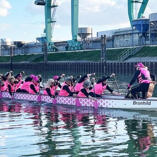 Die "Pink Paddler" auf dem Rhein bei Worms.
