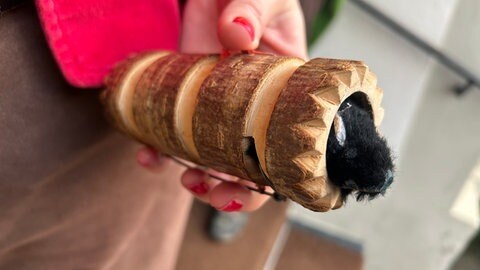 Eine Mausefalle aus Holz samt Maus baumelt am Häs der Michelezunft