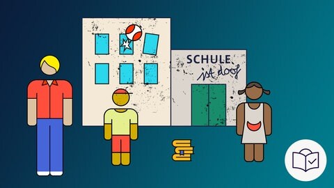 Das Bild ist eine Zeichnung. Das Thema ist: Kaputte Schule. Der Hintergrund ist dunkel•blau. Man sieht eine Schule. Die Wände sind dreckig. Ein Fenster ist kaputt. Davor stehen drei Schüler. Und man sieht einen Stabel Bücher. Dazu rechts unten im Bild: Das SWR-Zeichen für Leichte Sprache. Es ist ein weißer Kreis. Darin ist eine blaue Zeichnung: in Kopf hinter einem Buch. Auf dem Buch ist ein Häkchen. 