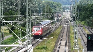 Ein Zug fährt in der Nähe des Bodensees auf den Gleisen.