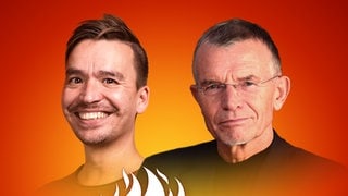 Klaus Hurrelmann und Bob Blume auf dem Podcast-Cover von "Die Schule brennt – Mit Bob Blume"