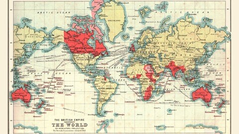 Weltkarte des Britischen Empire 1902 nach der Mercator-Projektion. Britische Besitzungen sind rot markiert. 