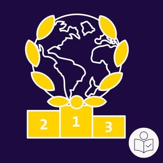 Zeichnung: Ein Sieger·treppchen auf blauem Grund. Auf dem 1. Platz steht eine Welt·kugel. Ein Sieger·kranz ist umgibt die Welt·kugel. Rechts das SWR Logo für Leichte Sprache. 
